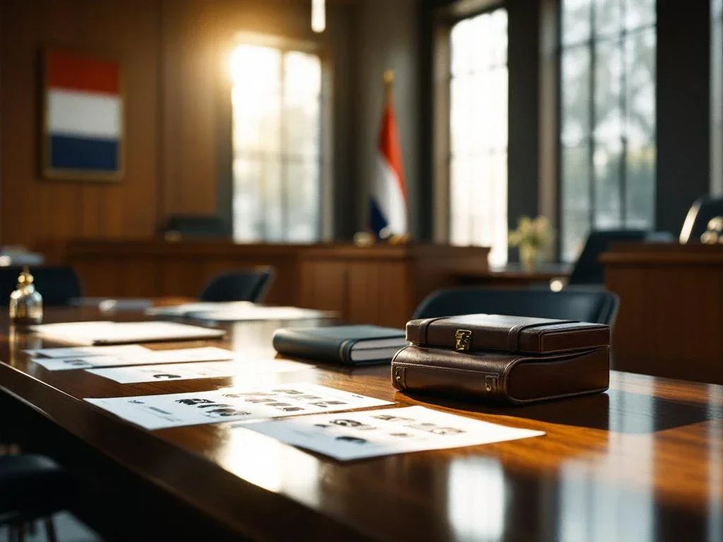 Dutch lawyer reviewing car accident case documents at mahogany table in modern European courtroom with natural lighting.