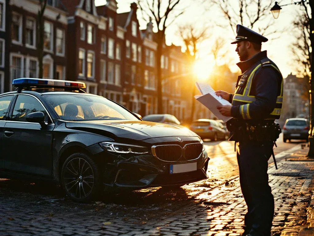 Dutch police officer examining accident documentation next to damaged sedan on Amsterdam cobblestone street at sunset