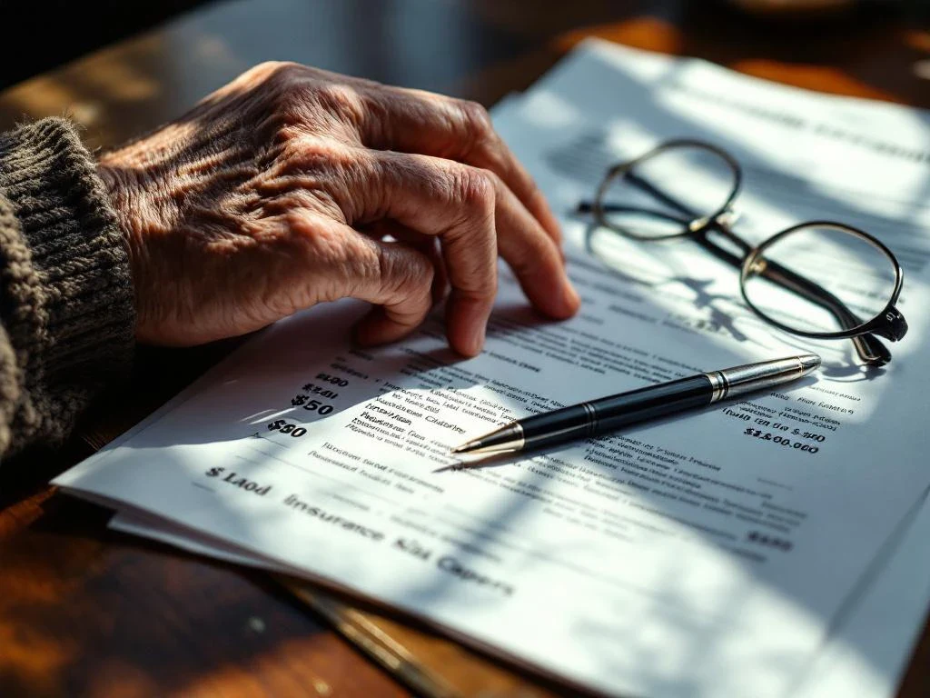 Elderly hand resting on legal documents and insurance papers with pen and reading glasses on mahogany desk