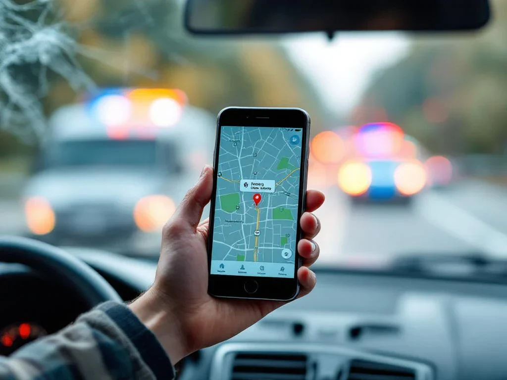 Person holding smartphone showing hospital map after car accident, emergency lights reflecting on screen through damaged windshield