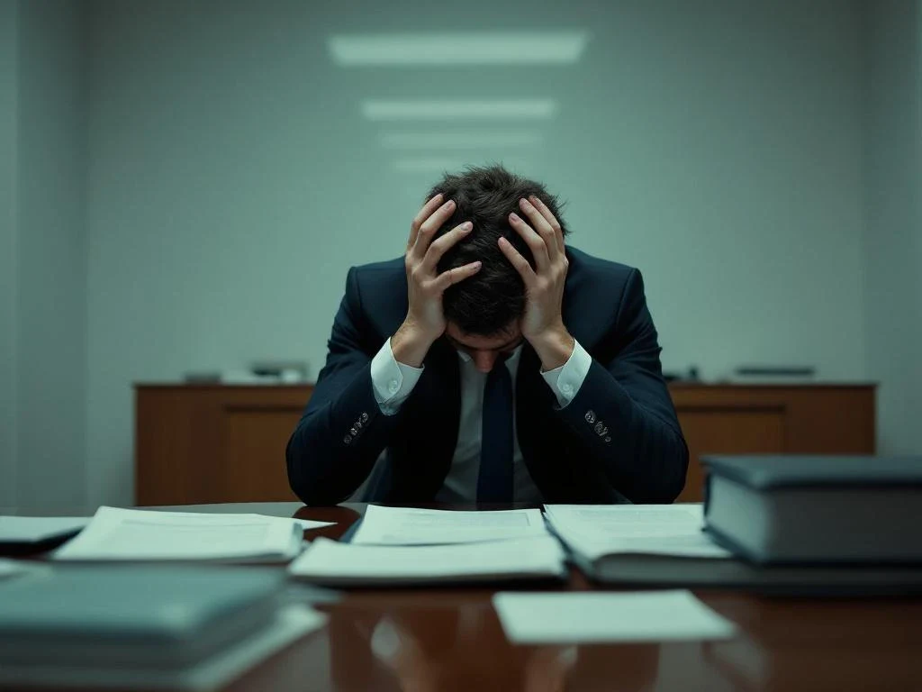 Exhausted person with head in hands sits alone at law office conference table with scattered legal documents