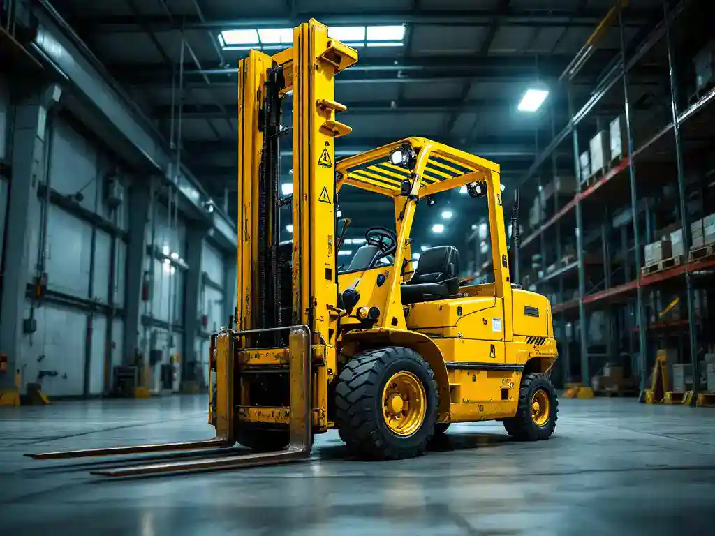 Yellow industrial forklift with raised forks in modern warehouse with shelving units and fluorescent lighting