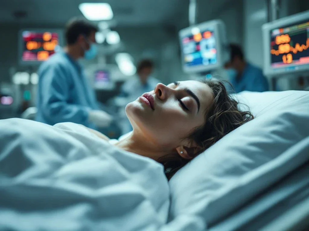 Patient resting on hospital gurney in emergency room with medical monitors and IV drip, healthcare staff in background