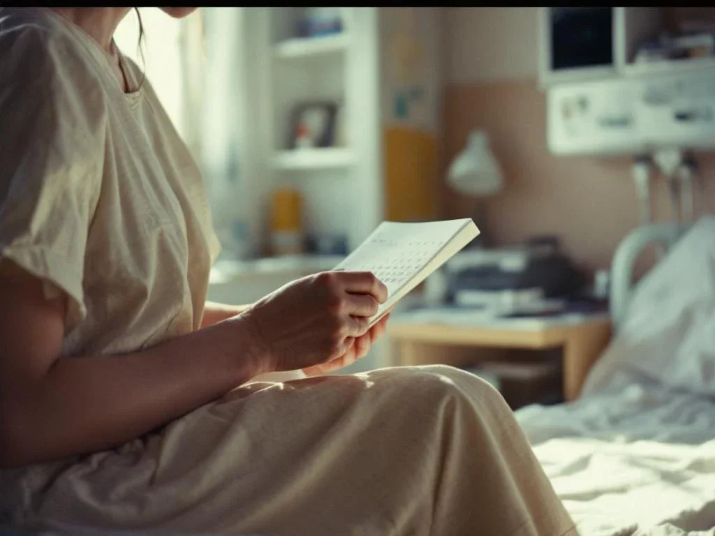 Patient in hospital gown sits on medical bed holding calendar with walking cane, morning light through window suggesting recovery progress.