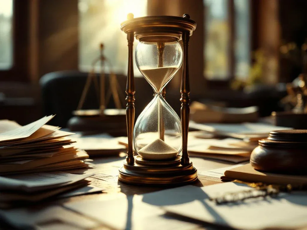 Antique brass hourglass with falling sand on mahogany desk surrounded by legal documents and gavel in warm sunlight.