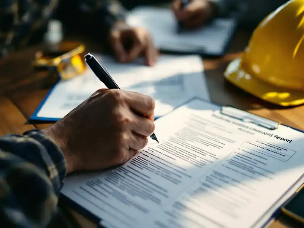 Person writing detailed notes on incident report forms at wooden desk with hard hat and safety glasses nearby.