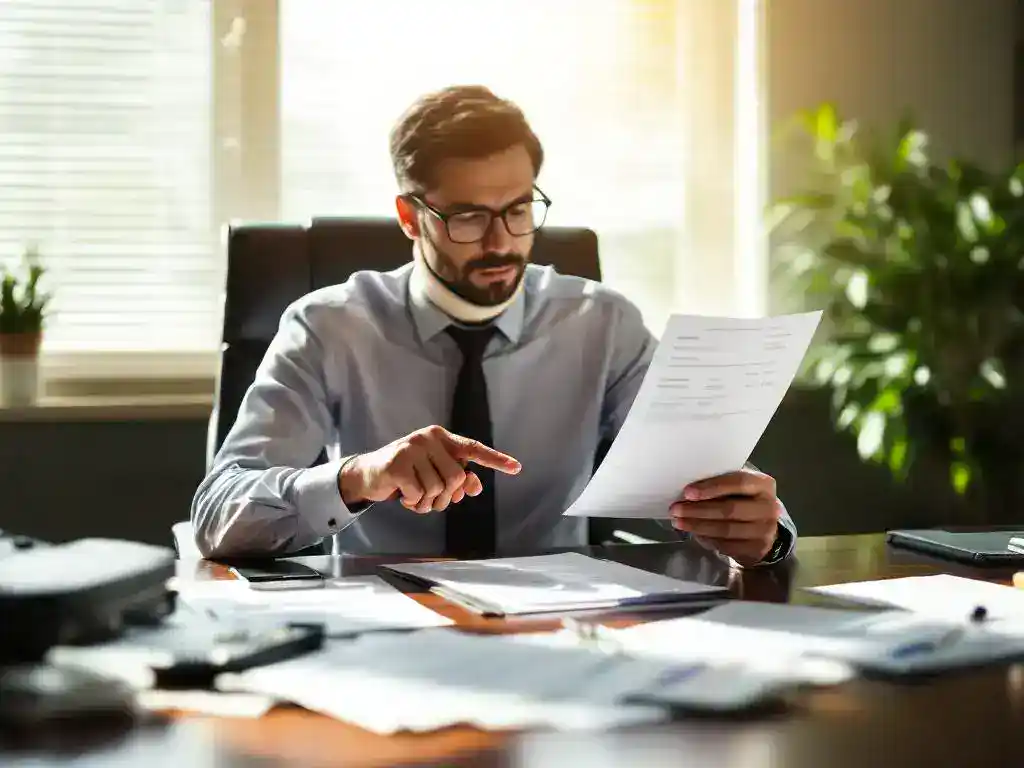 Office worker in neck brace reviewing medical documents and calculator with insurance papers on desk