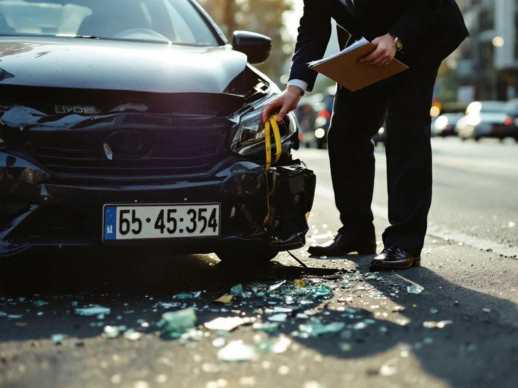 Insurance adjuster in dark suit documenting damaged car with clipboard on busy street, glass fragments scattered on asphalt