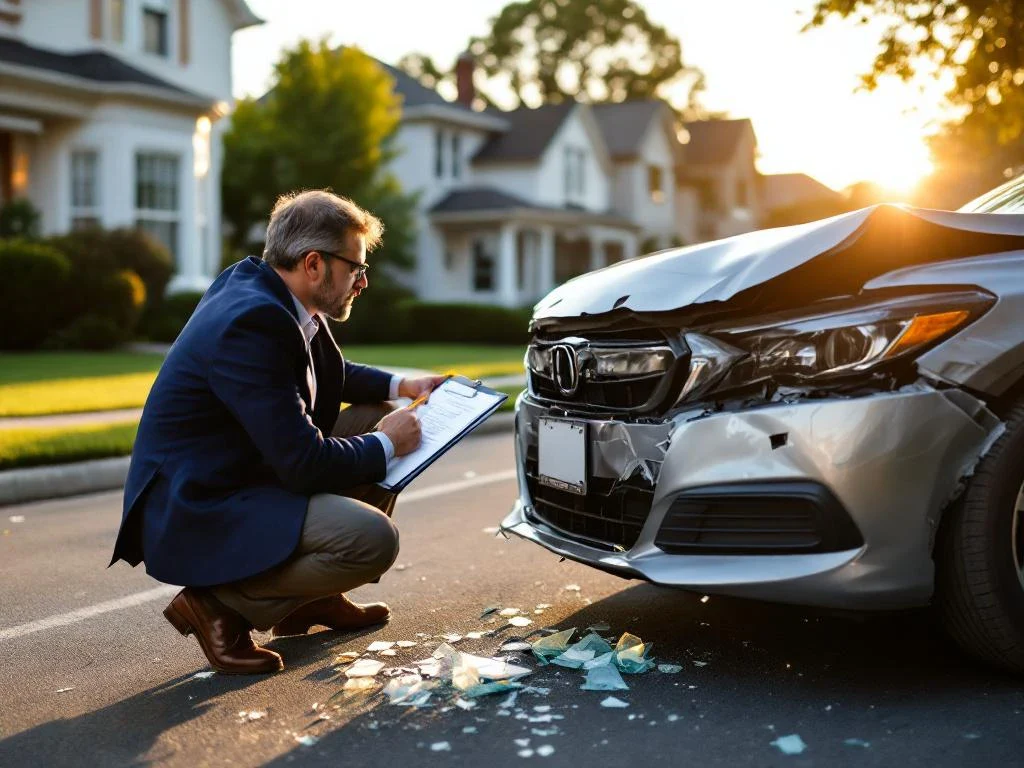 Insurance adjuster in navy blazer examining front-end collision damage on sedan with clipboard and measuring tape on suburban street.