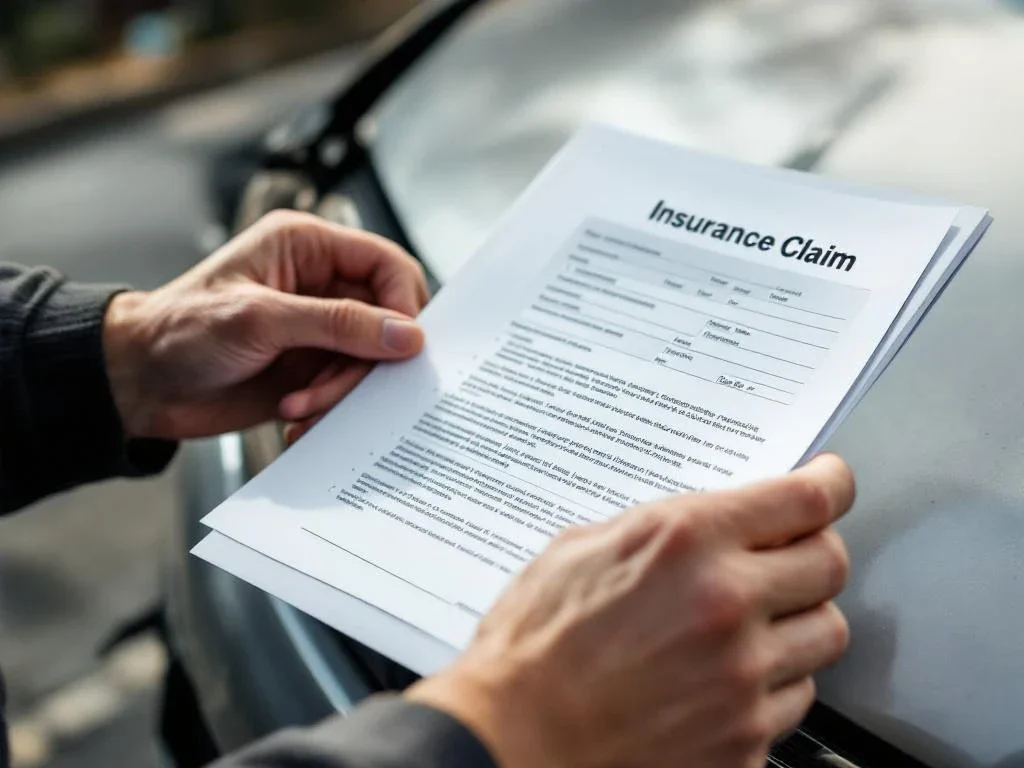Person holding insurance claim form and pen next to damaged car bumper, filling out paperwork on vehicle hood in daylight.