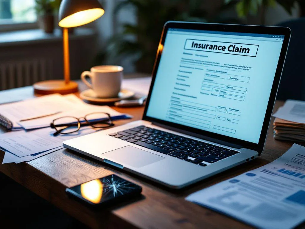 Laptop displaying insurance claim form on wooden desk with scattered car accident documents and damaged cracked smartphone nearby.
