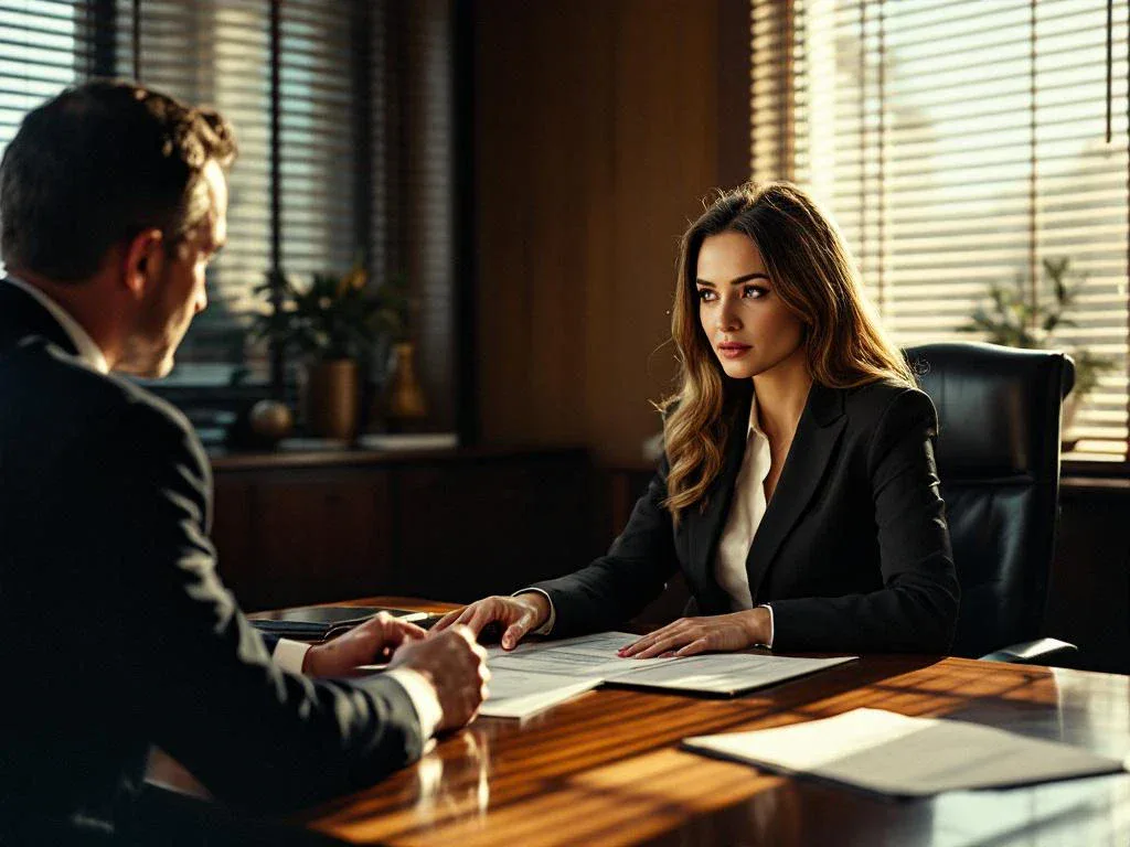 Professional businesswoman in suit gesturing at documents during meeting with insurance adjuster at office desk