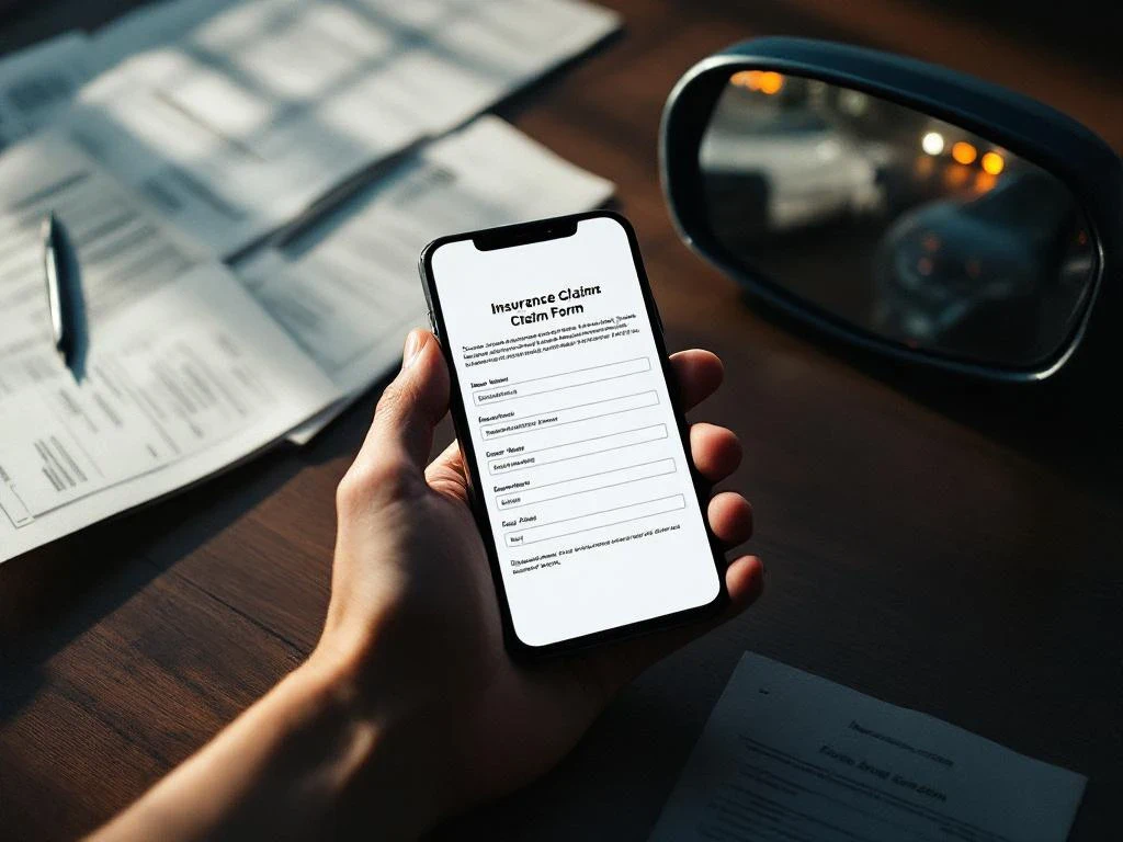 Hand holding smartphone with insurance claim form above car accident documents and damaged mirror on wooden table