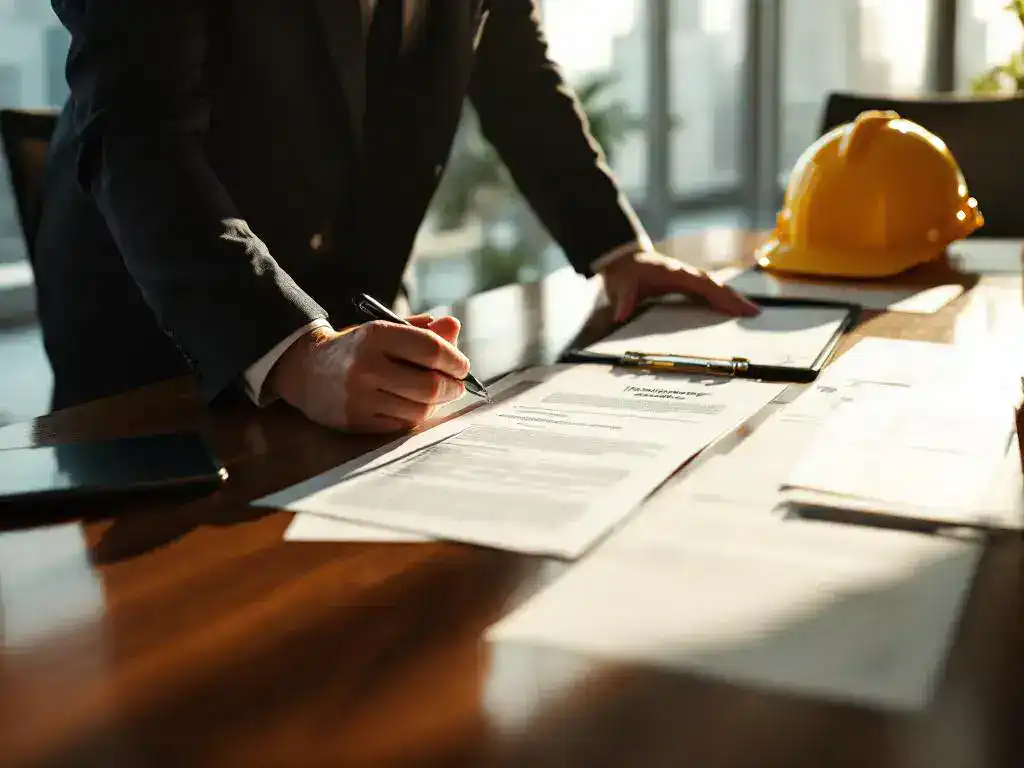 Business professional in suit reviewing insurance policy documents and claim forms at conference table with hard hat nearby.