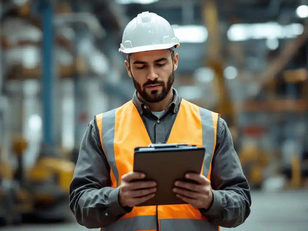 Labour inspector in hard hat and high-visibility vest examining clipboard with safety documents in industrial workplace
