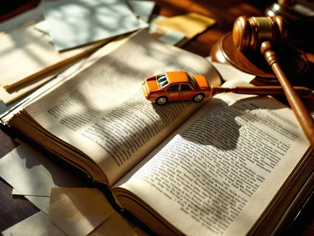 Open law book on mahogany desk with wooden gavel and toy car, surrounded by legal documents under warm desk lamp lighting.