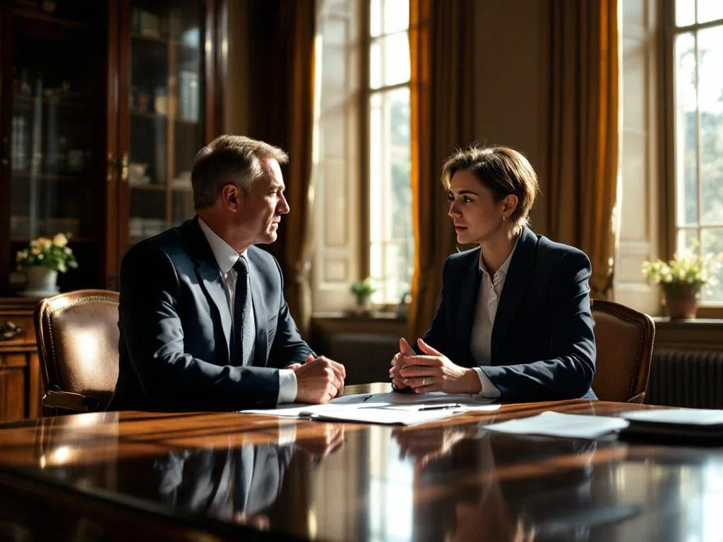 Professional lawyer in navy suit consulting with client across mahogany desk with legal documents in bright office.
