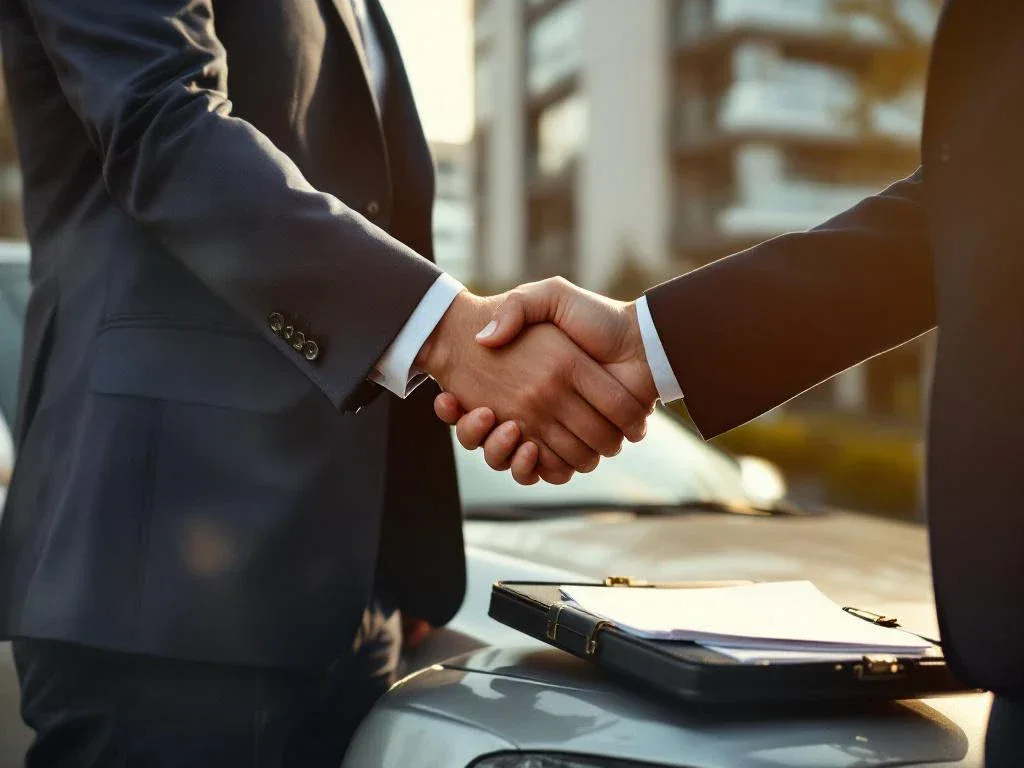 Lawyer in navy suit shaking hands with client next to damaged silver car with dented bumper and legal briefcase