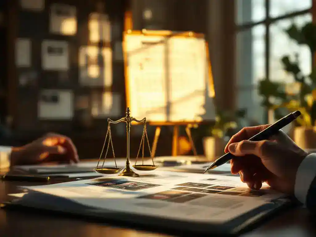 Brass scale of justice on lawyer's desk with open case file, medical documents, and hands holding pen in sunlit office
