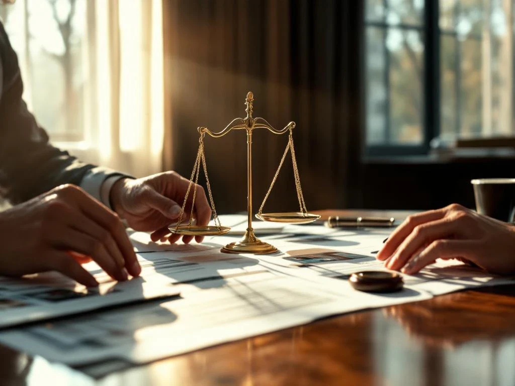 Brass scale of justice on lawyer's mahogany desk with open case files, legal documents, and gavel in sunlit office.