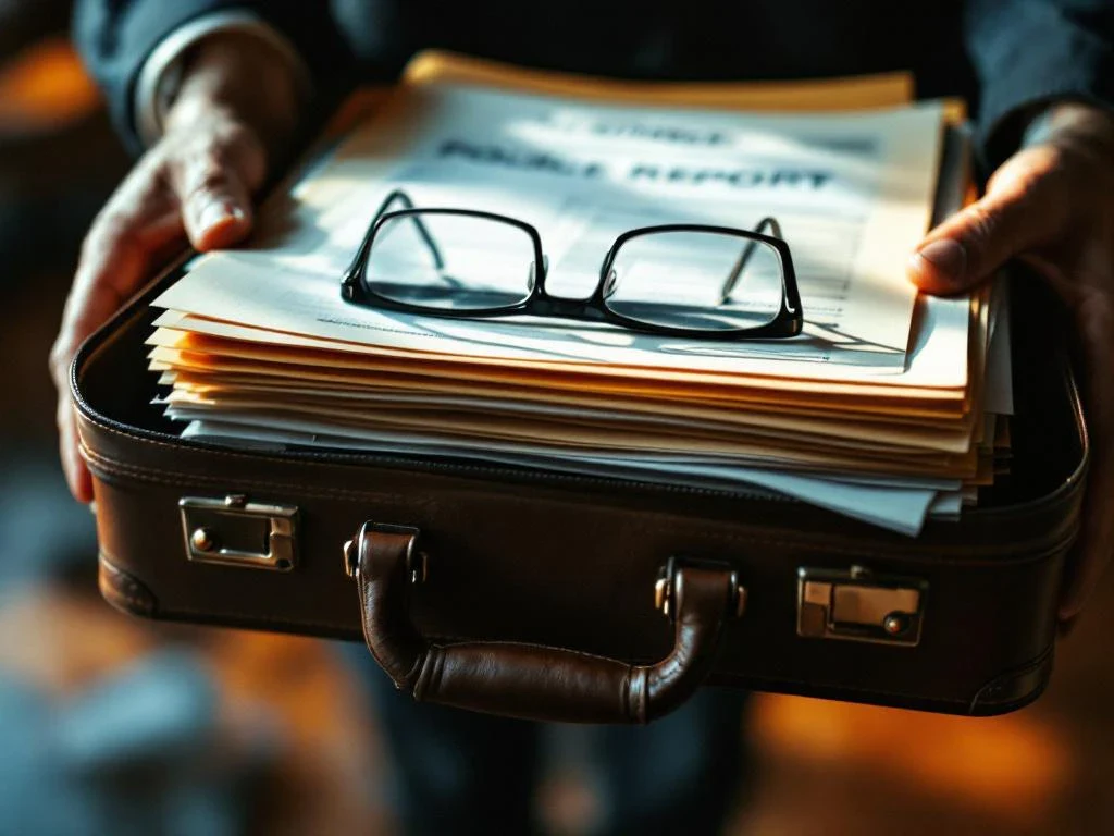 Hands holding leather briefcase with organized legal documents, car accident police report visible on top with reading glasses