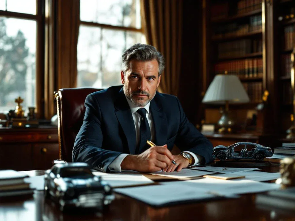 Professional lawyer in navy suit sitting at mahogany desk with legal documents and damaged car model in sunlit office.