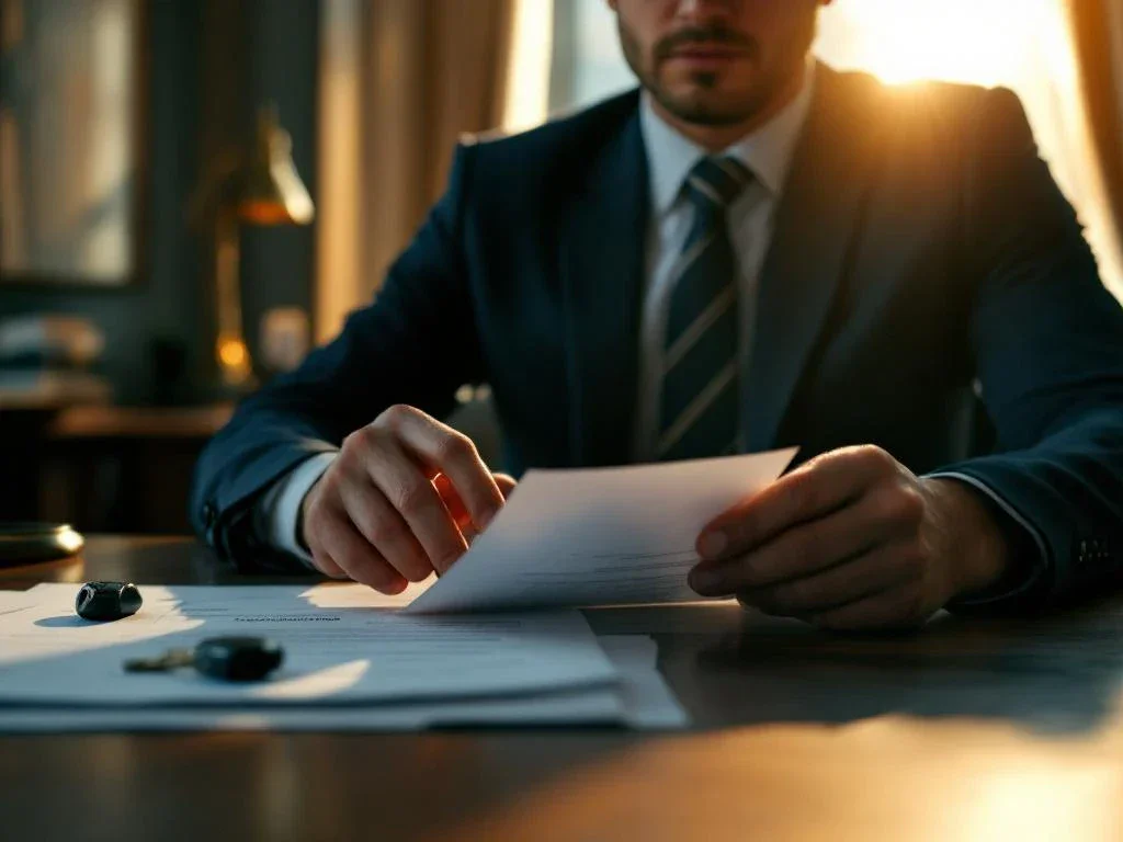 Professional lawyer in navy suit reviewing legal documents and insurance papers with damaged car key on mahogany desk