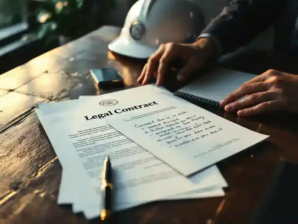 Legal contract and consultation notepad on professional desk with safety helmet, fountain pen, and hands reaching toward documents