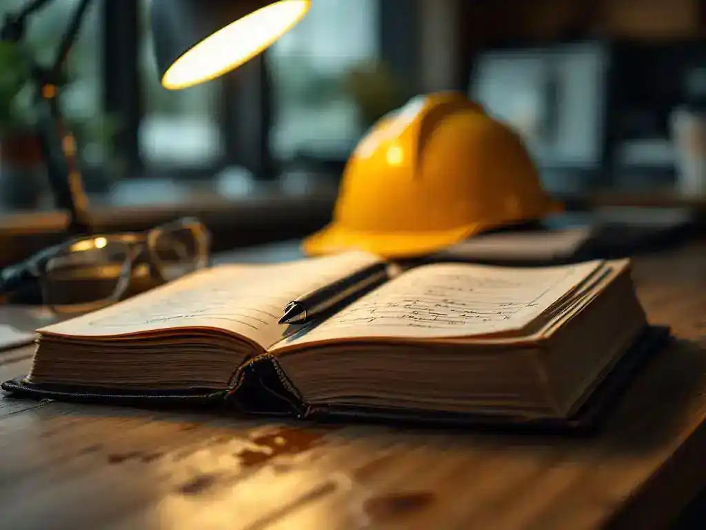 Open leather logbook with handwritten entries on wooden desk, black pen in spine, hard hat and safety glasses nearby under warm lamp light.