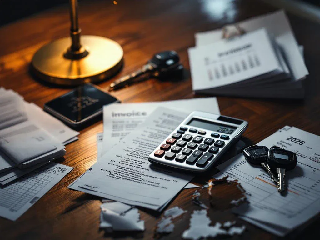 Silver calculator on mahogany desk with legal documents, car keys, damaged mirror fragment, and smartphone showing 2026 calendar