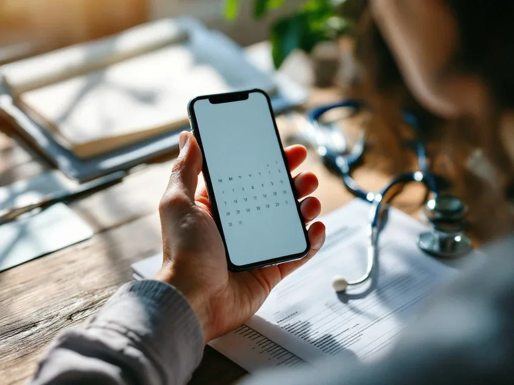 Hands holding smartphone with medical appointment calendar app on wooden desk with stethoscope and medical documents