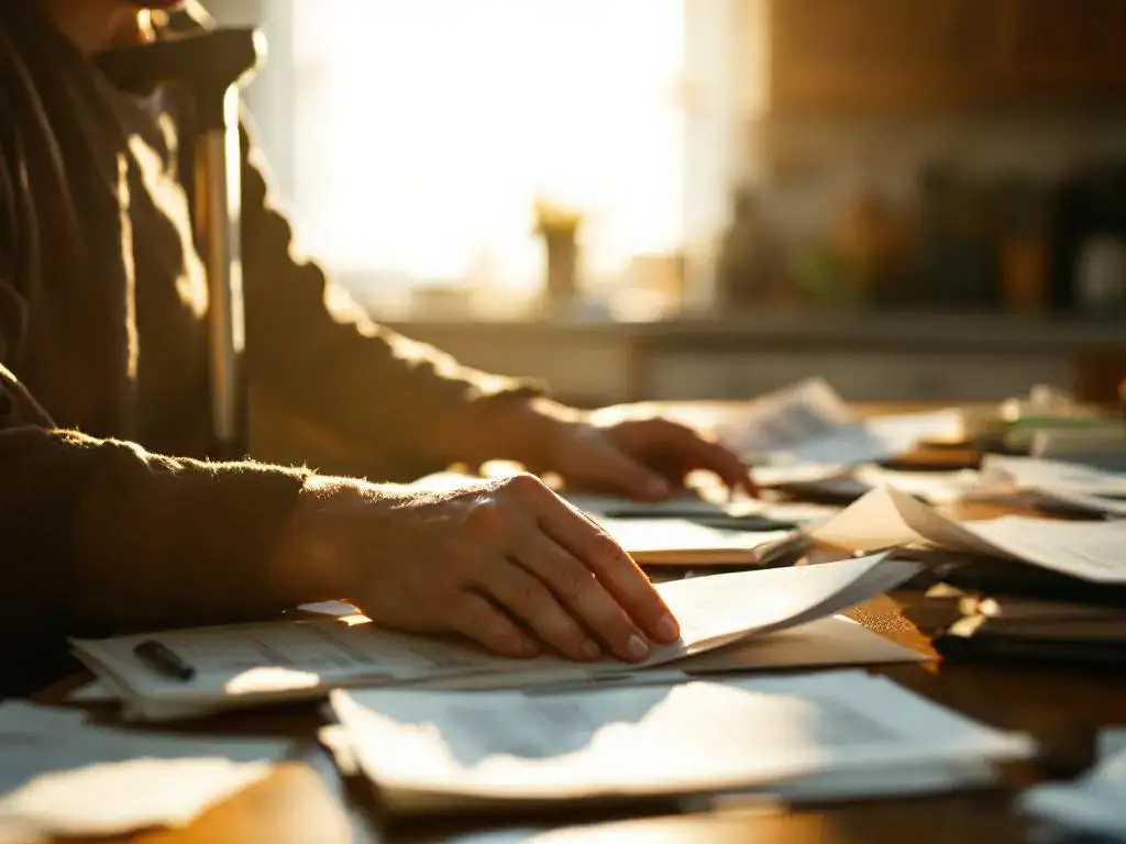 Person with walking cane sits at kitchen table reviewing medical bills and insurance documents in warm morning sunlight.