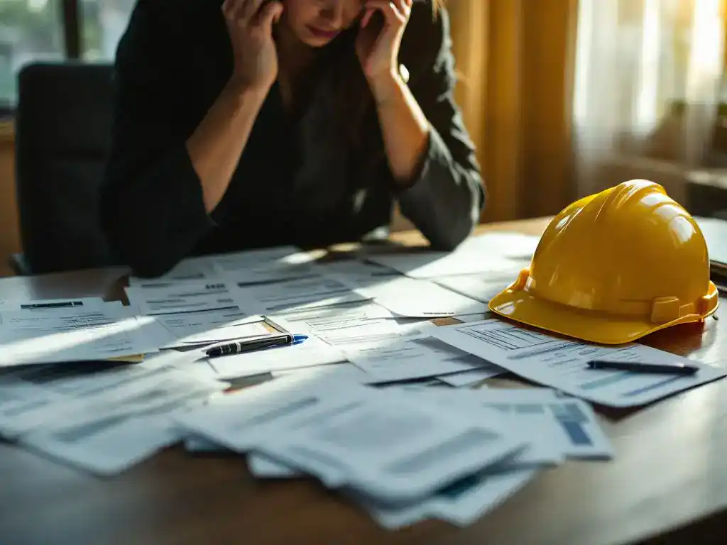 Person in business attire holding head in concern while reviewing unpaid medical bills at cluttered desk with hard hat nearby