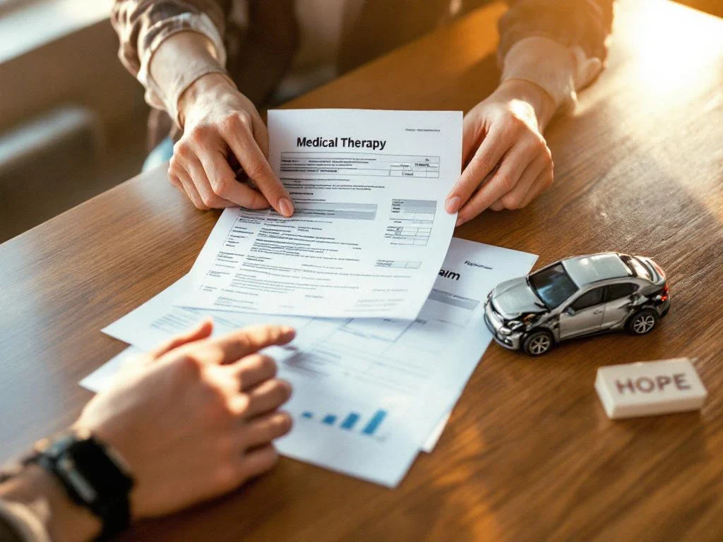 Hands placing medical bills and insurance forms on wooden desk beside damaged toy car in warm natural light.