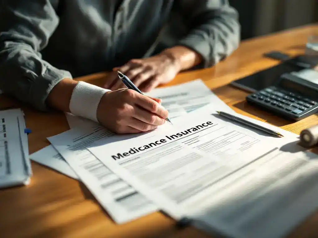 Office worker with bandaged wrist reviewing medical bills and insurance paperwork at desk with calculator and pen nearby.