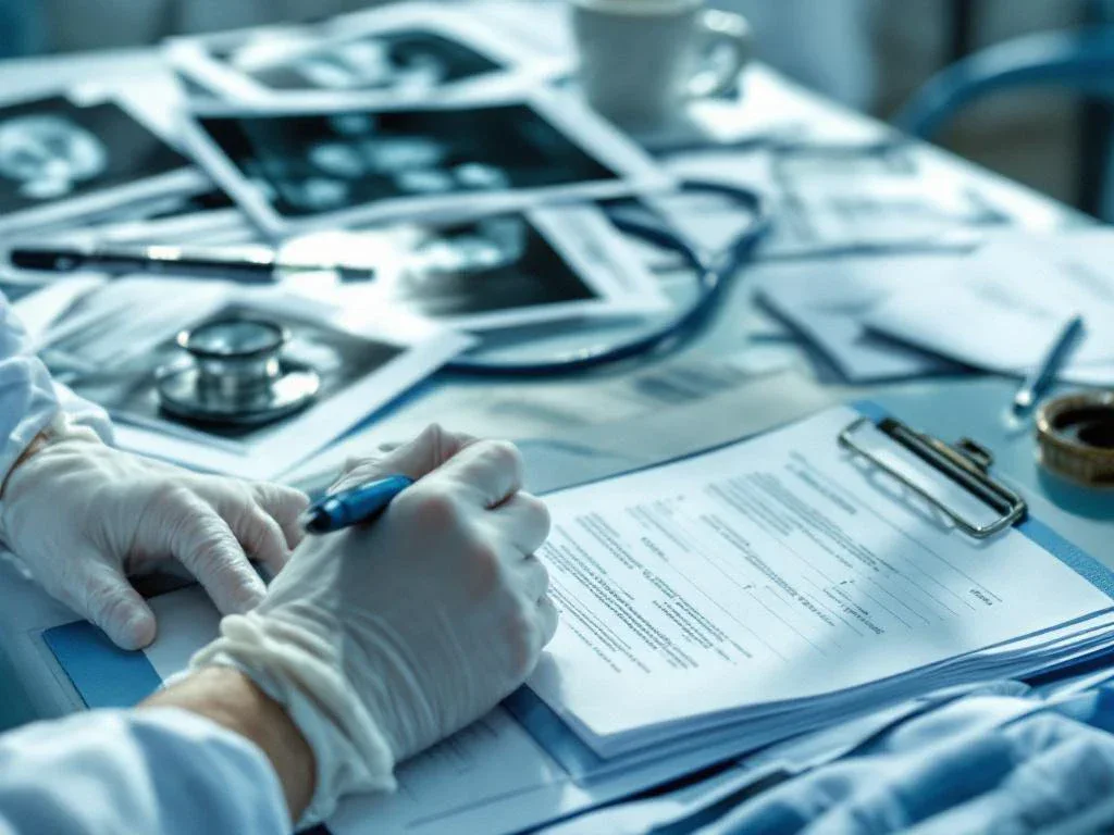 Medical professional in latex gloves writing notes on clipboard with X-rays and stethoscope on hospital desk