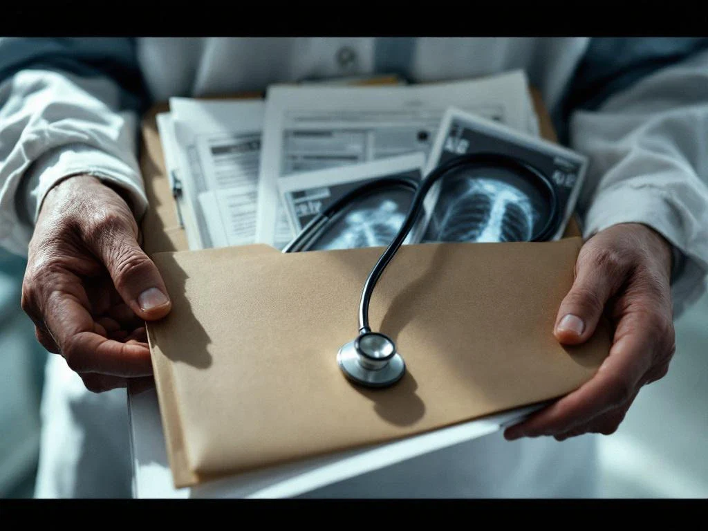 Hands holding manila folder with medical documents and X-rays, stethoscope draped on paperwork in hospital setting