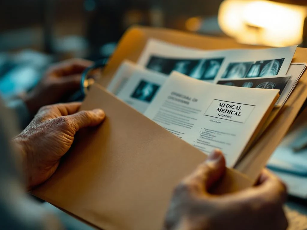 Weathered hands holding open manila folder with medical documents and X-rays, stethoscope visible, warm lighting