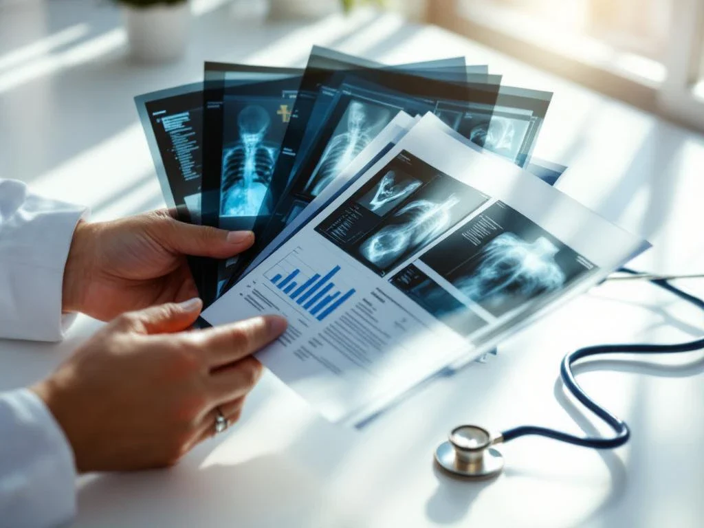 Hands holding medical documents and X-ray films on white desk with stethoscope, illuminated by natural window light.