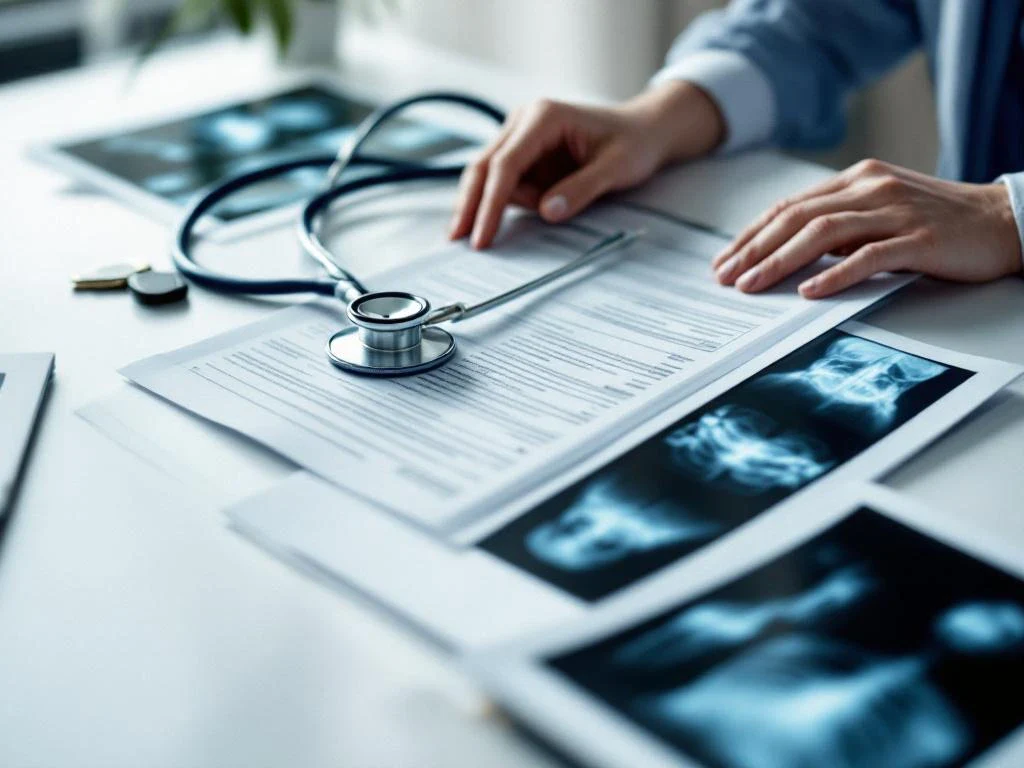 Person organizing medical documents and X-rays on desk with stethoscope, car keys visible suggesting accident-related paperwork