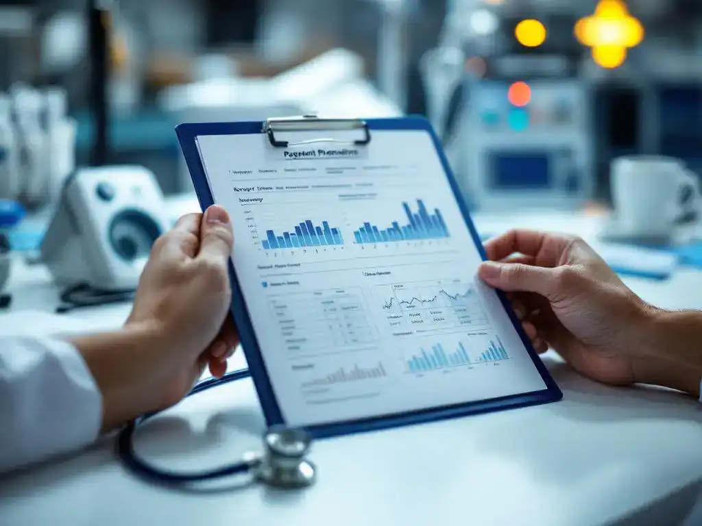 Medical professional reviewing patient chart with recovery graphs and timeline data, stethoscope on white desk