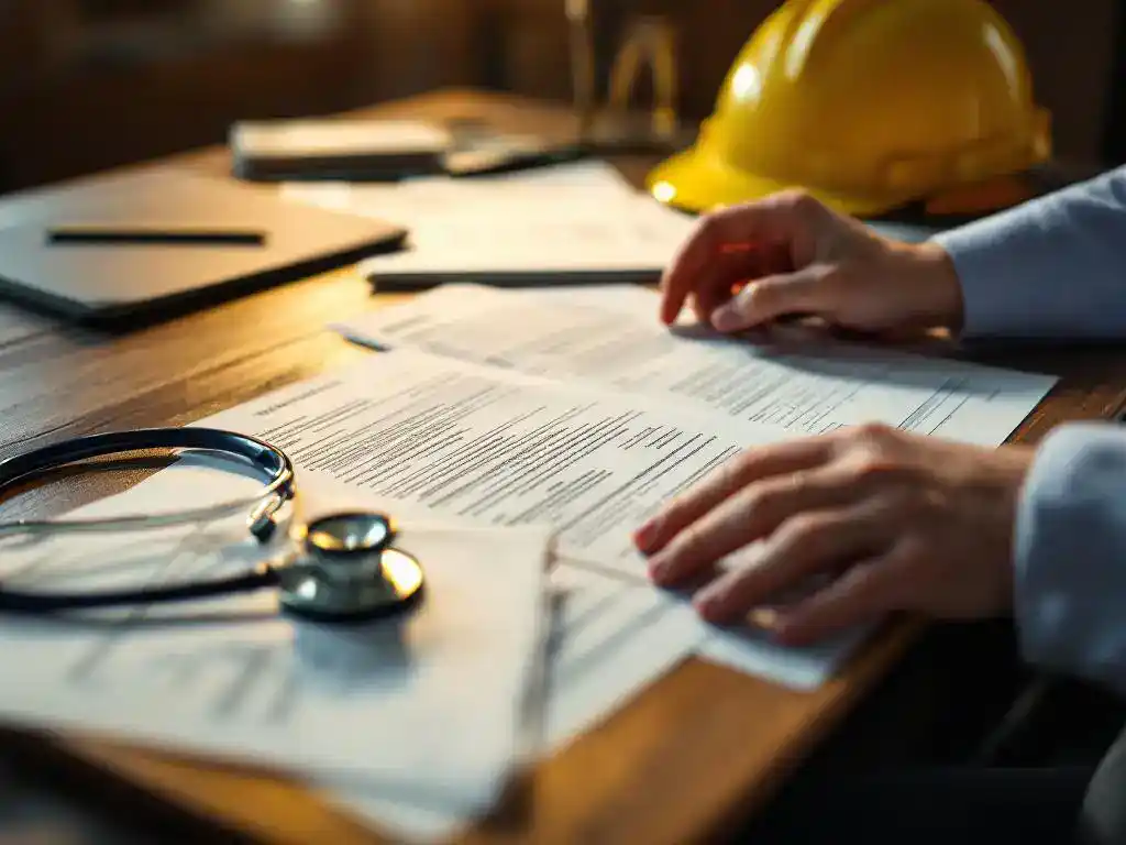 Professional hands reviewing medical documents on wooden desk with stethoscope and hard hat in warm office lighting.