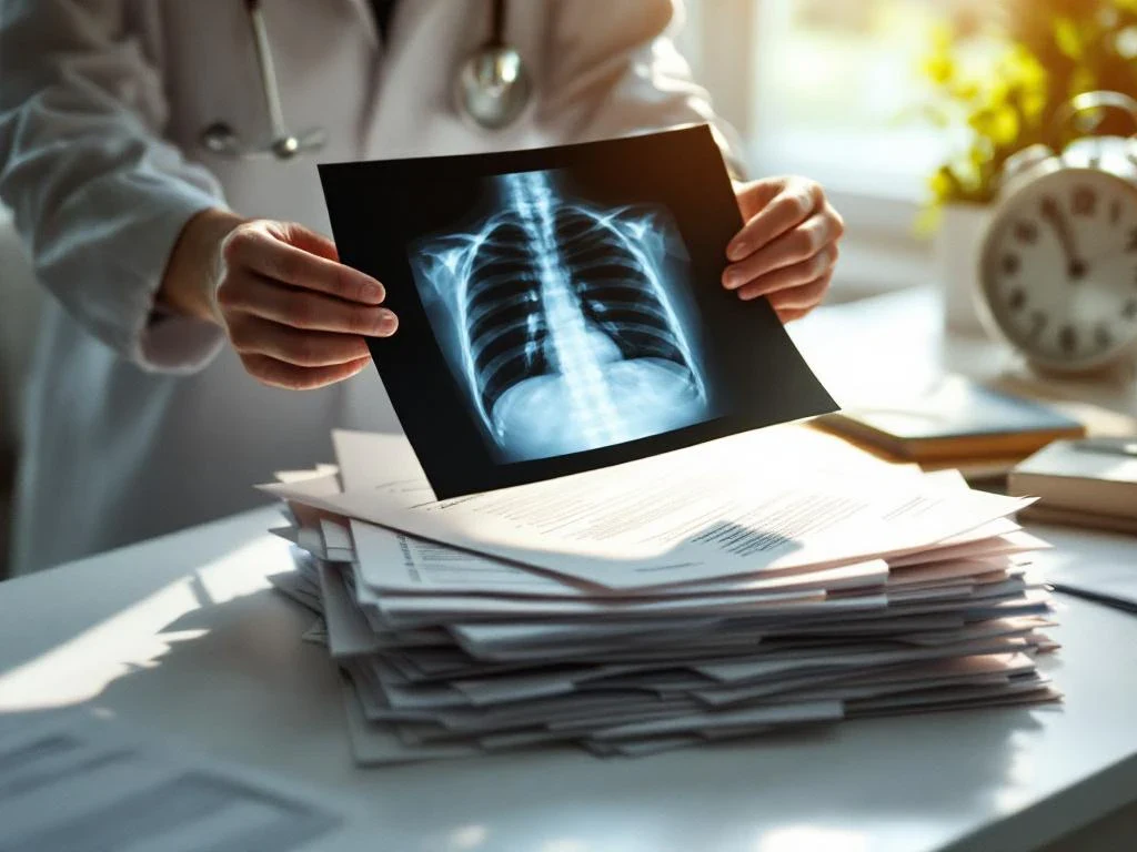 Medical professional examining X-ray showing bone fractures with insurance paperwork stacked on desk below