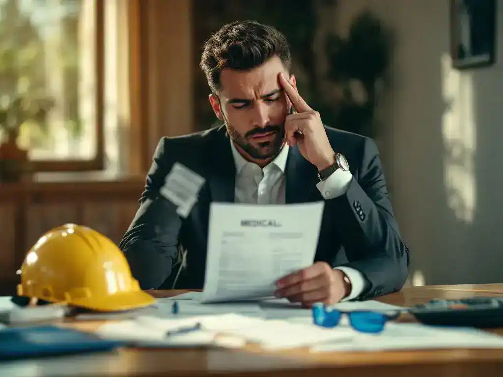 Professional office worker in business attire holding medical bill while touching temple in stress, with hard hat on desk