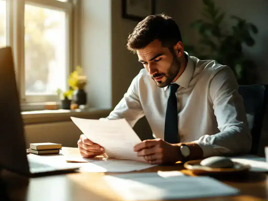 Professional office worker in business attire reviewing document at wooden desk with bandaged hand in natural light.