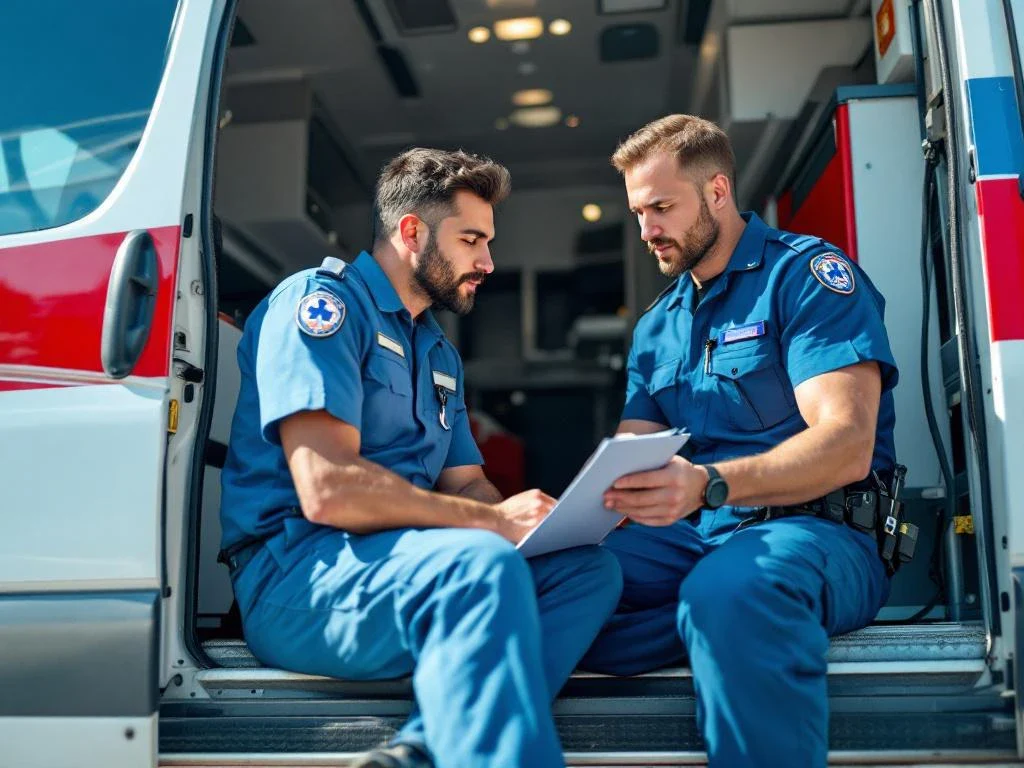 Paramedic in blue uniform examining alert patient sitting on ambulance edge, checking vital signs with clipboard in daylight.