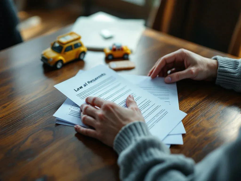 Parent's hands holding legal documents and medical reports on wooden table with child's toy car and bandage nearby