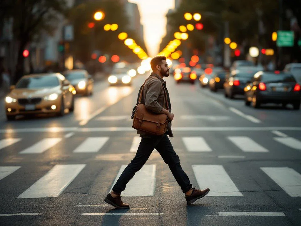 Person confidently crossing busy city street at crosswalk during golden hour with blurred traffic lights in background