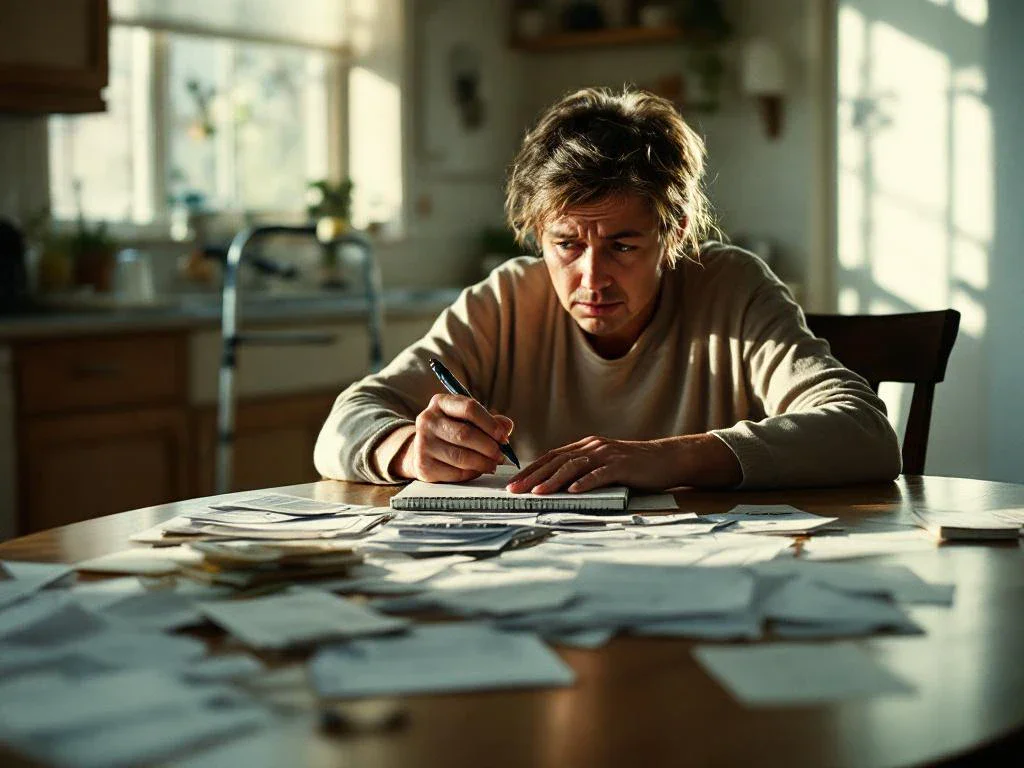 Person with walking cane reviewing unpaid medical bills and documents at kitchen table, holding pen over notebook with worried expression.