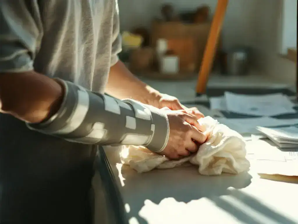 Person wearing wrist brace folding laundry at kitchen counter with crutch nearby and medical paperwork visible